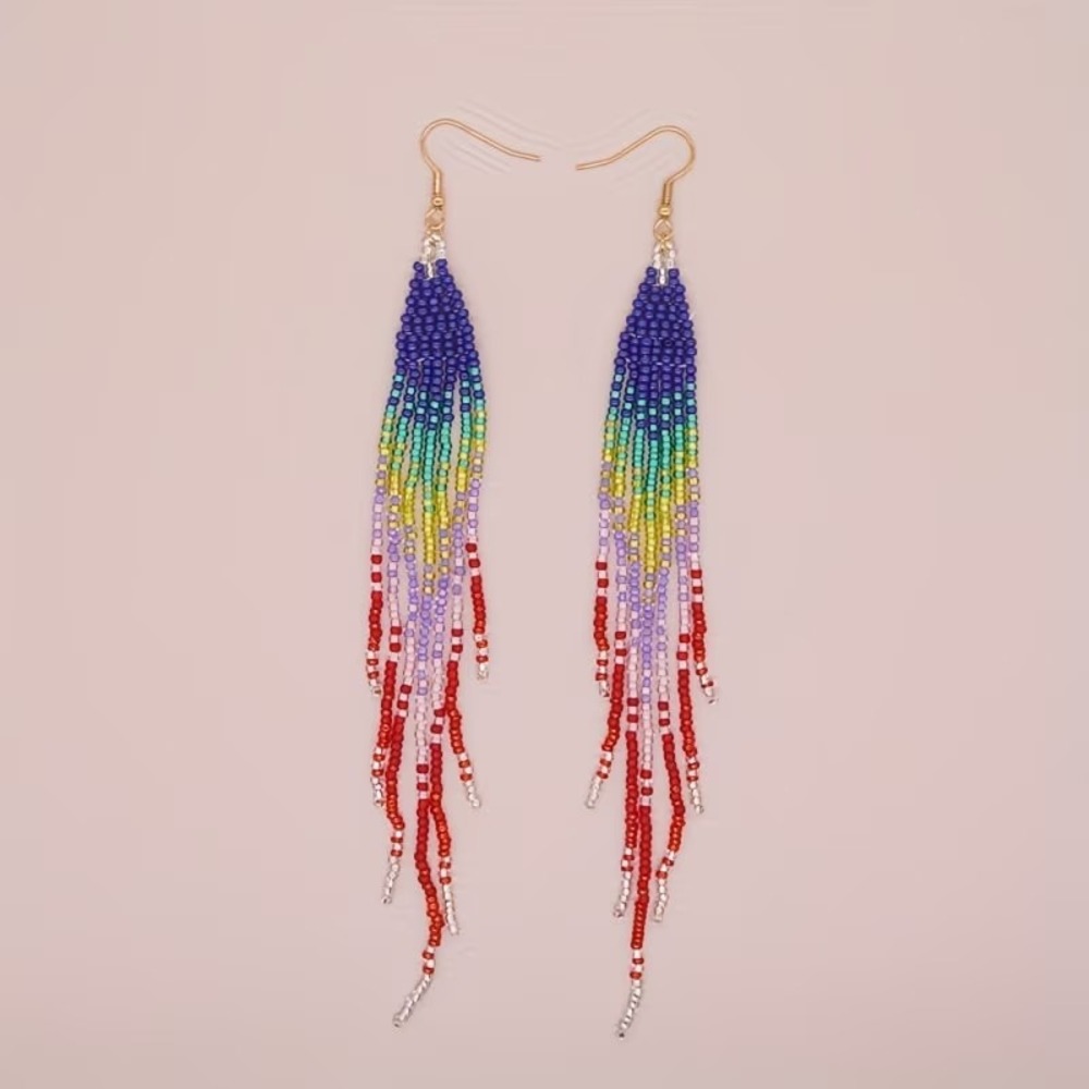 Rainbow Beaded Tassel Earrings Long Seed Bead Fringe Drop Dangle Multicolor Boho